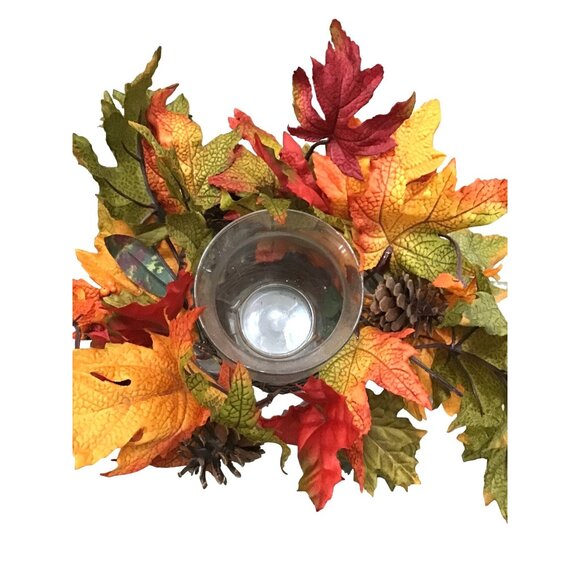 THANKSGIVING MAPLE LEAF ARRANGEMENT WITH CENTER GLASS VASE CANDLE HOLDER - Picture 4 of 9